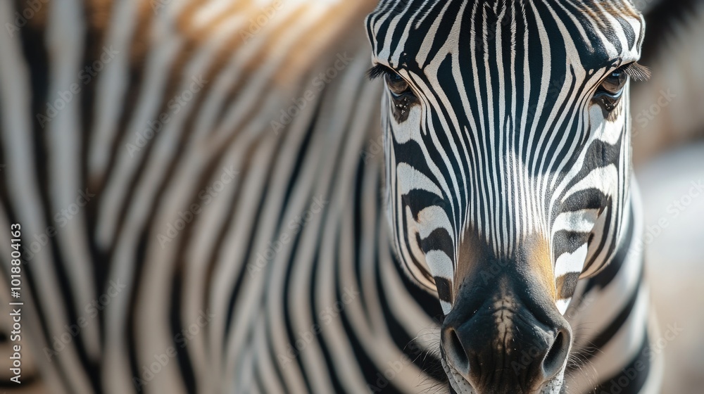 Poster Close-up view of a zebra's face with a blurred background, ideal for use in wildlife or nature-themed designs
