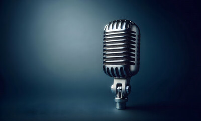 Mikrofon auf blauem Hintergrund mit Schattenwurf, copy space
