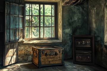 Fototapeta premium A wooden chest sits next to a window, possibly containing treasures or secrets