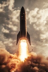 A black and white photo of a rocket blasting off from the ground, smoke and flames behind it