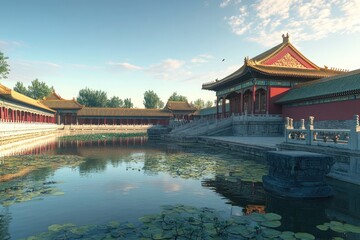 Naklejka premium A serene scene featuring a pond with lily pads and a building in the background, great for nature or architecture inspired designs