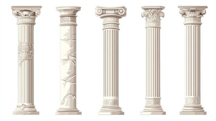 Naklejka premium Vector illustrations of ancient Rome or Greece marble columns. Architectural set of classic columnar structures from Roman empire. Stone pillars for decorating historic temples or palaces.