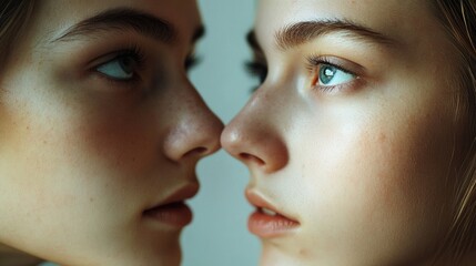 Obraz premium Two young women pose in front of a mirror, looking at themselves