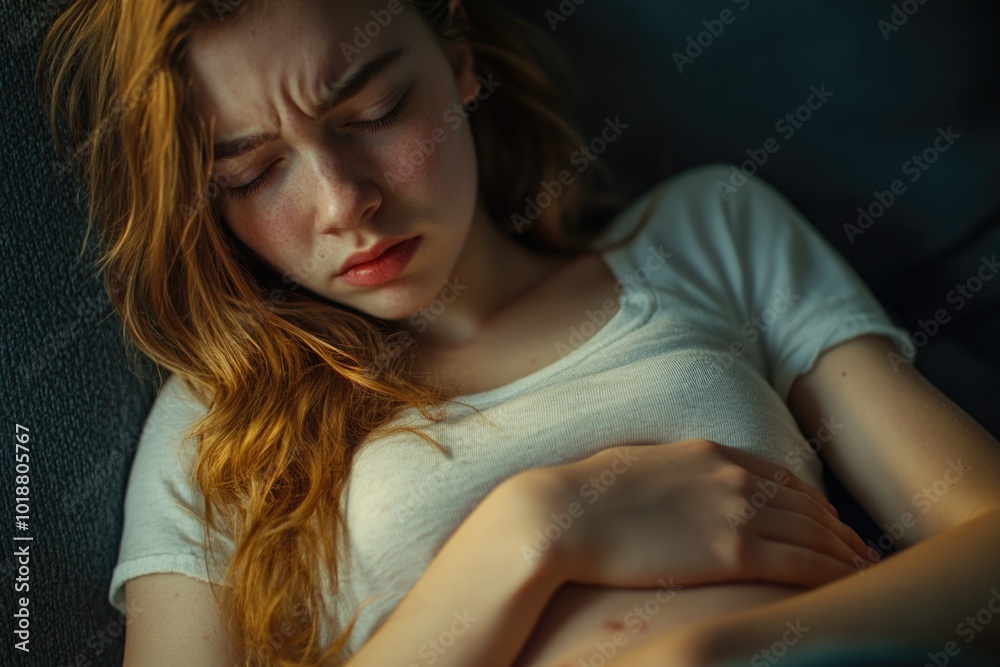 Wall mural woman with bright red hair relaxing on a couch, one possible use is for a lifestyle or beauty advert