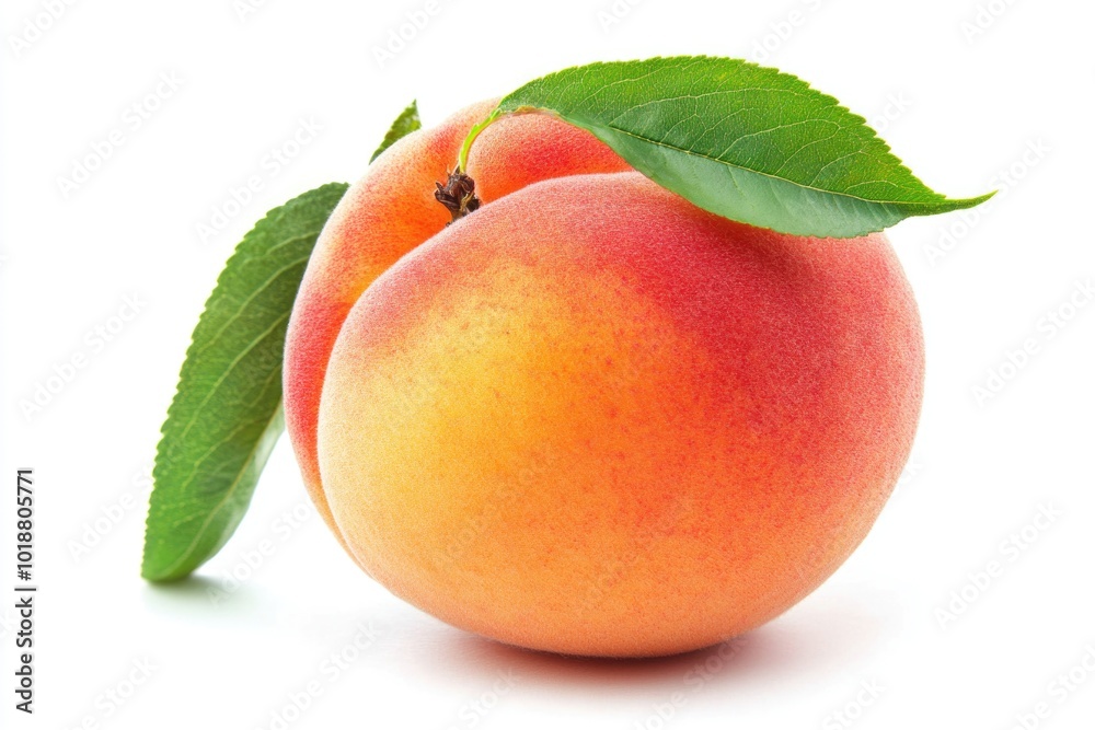 Sticker Fresh peaches with green leaves on a clean white background