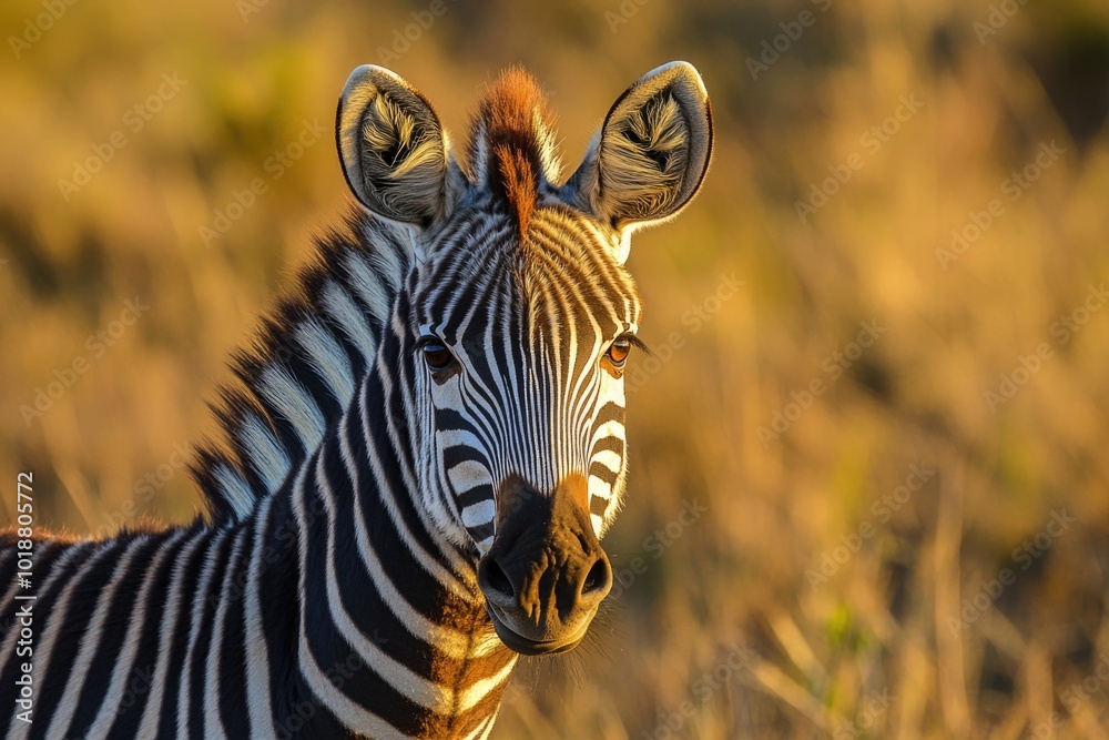 Poster a close-up shot of a zebra standing in a green field