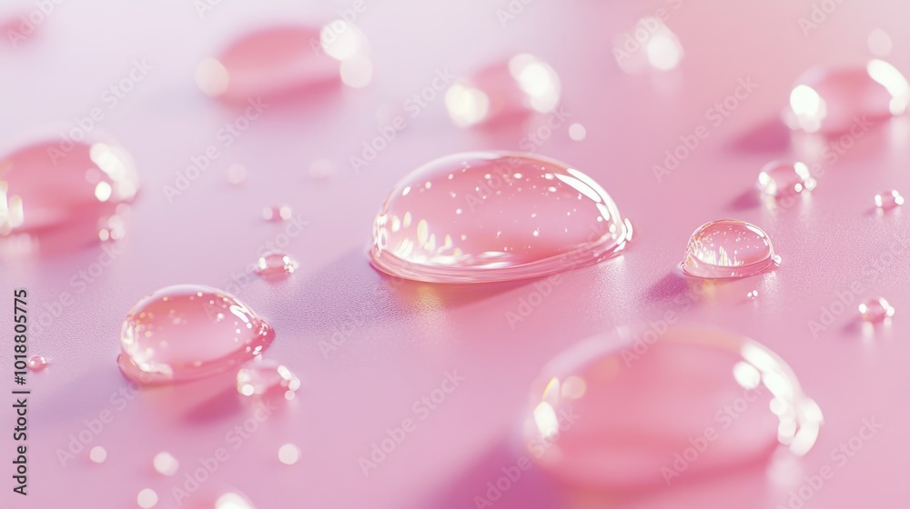 Poster a close-up view of water droplets on a pink surface, great for use in scientific or educational cont