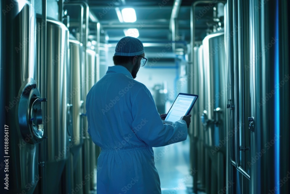Poster a man in a lab coat holding a tablet computer