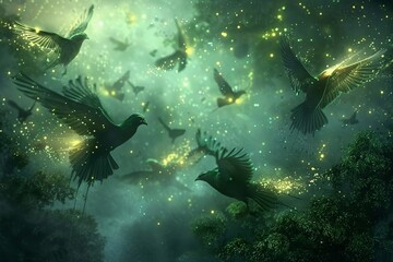 Obraz premium a mystical depiction of migratory birds with glowing wings
