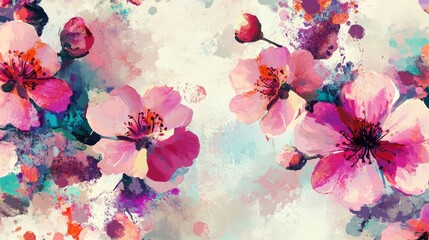 Vibrant floral pattern featuring abstract cherry blossoms in a seamless composition, painted on a light background.