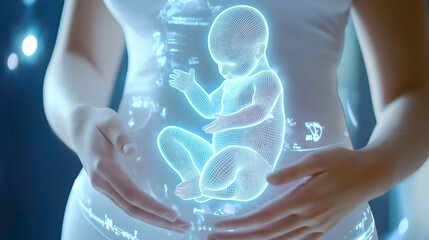 Futuristic holographic unborn baby in womb