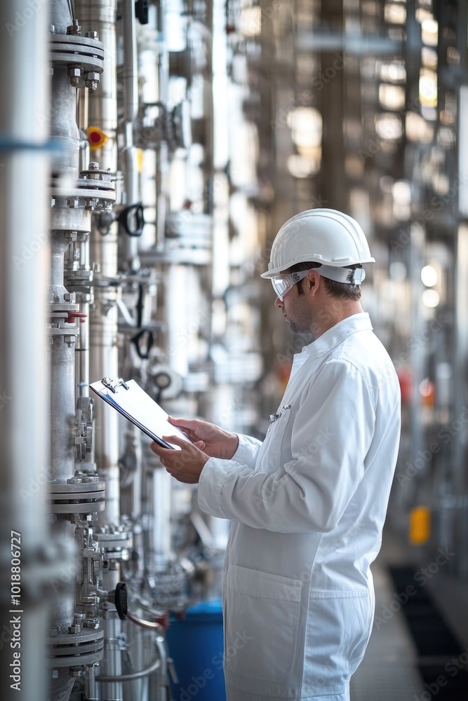 Poster a scientist in a white lab coat and safety glasses examines data on a clipboard, potentially reviewi