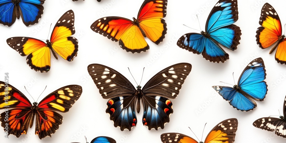 Poster a group of colorful butterflies land on a white surface, creating a vibrant and lively scene