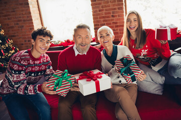 Portrait of four family members sit couch hold show giftbox xmas new year enjoyment home flat indoors