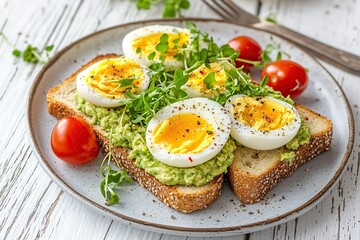 Delicious toast bread with avocado, boiled egg, tomatoes and microgreen