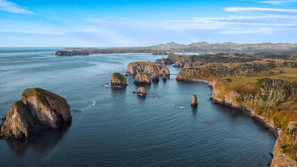 Aerial view of an Unnamed bay on the island of Shikotan, Kuril Islands.