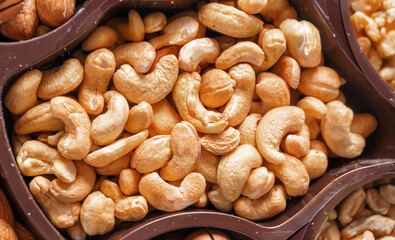 A pile of macadamia nuts in a shell on a white background,flat lay,copy space