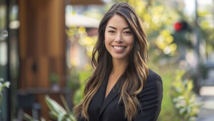 Smiling, professional female real estate agent in her late thirties with long brown hair, Professional services house move legal representative solicitor