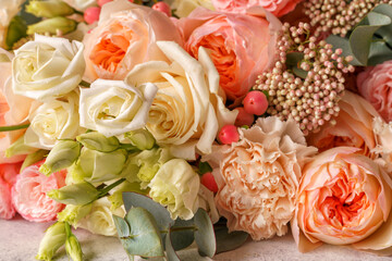 Bouquet of pink ,yellow roses flowers close-up,flat lay