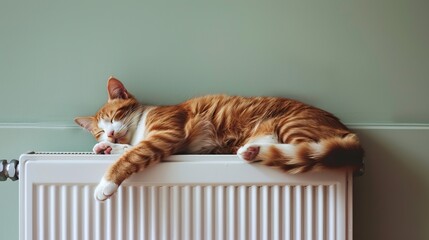 Cozy Ginger Cat Sleeping Comfortably on Warm Radiator in Relaxing Indoor Setting