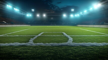 Obraz premium Well-lit soccer stadium readied for evening match. Professional sports background for advertisements.
