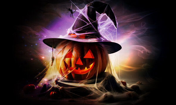 Halloween - Gruseliger K&uuml;rbis mit Spinnweben und Hexenhut auf dunklem, lila leuchteten Hintergrund, copy space