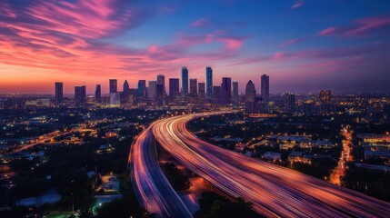 A vibrant city skyline at dusk with light trails from traffic on a highway.