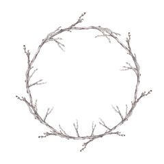 Watercolor wreath with dry bare branches. A hand-drawn illustration of a leafless branch on an isolated background. A botanical drawing for printing design, greeting cards, invitations, and posters.
