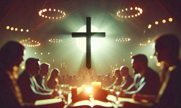 Menschen sitzen and&auml;chtig in einem unscharfen Raum mit einem gro&szlig;en Kreuz in der Mitte, diffuses Licht, Unsch&auml;rfe, copy space