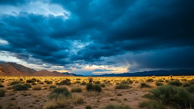 Dark clouds hang low over the desert landscape, casting dramatic shadows on the dry brush