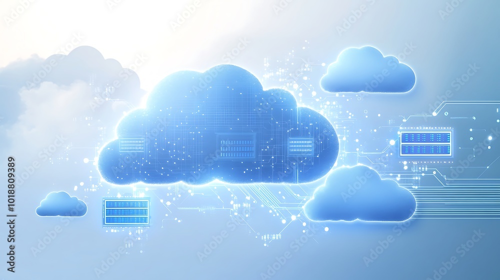 Poster A blue cloud computing graphic with data servers and circuit board patterns.