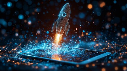 Digital rocket launch symbolizes startup innovation and growth