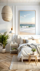 Obraz premium Mock up frame in cozy home interior background, coastal style bedroom, 3d render, white Mock up frame