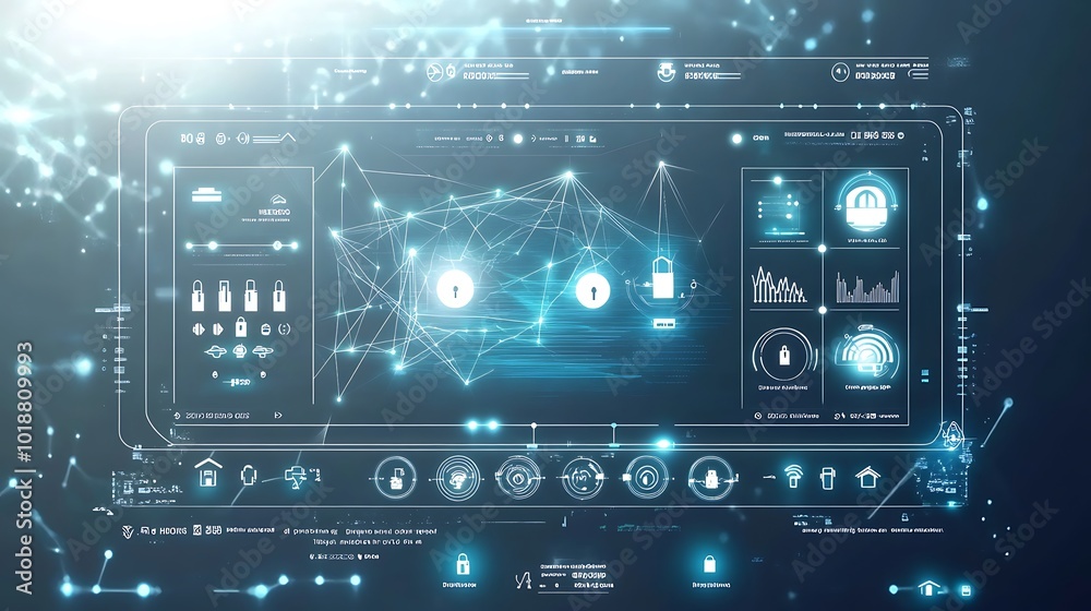 Poster futuristic digital interface with security icons, data points, and a glowing network.
