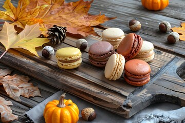 A rustic wooden board featuring a variety of macarons in autumn colors, styled with fallen leaves and acorns