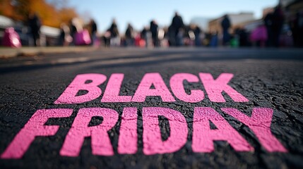 A close-up of a pink Black Friday inscription on the asphalt against a background of blurred people with colorful bags. The concept of discounts and sales