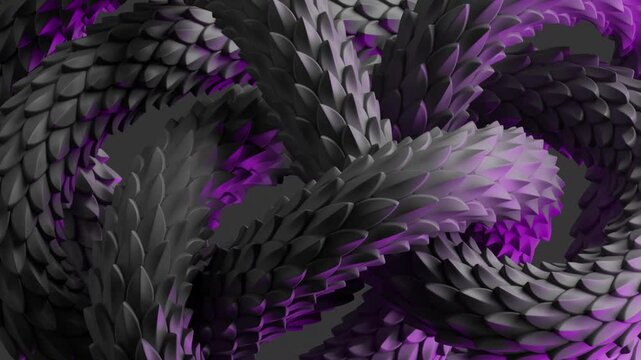 cycled 3d animation. Abstract wallpaper of tangled snake scales skin rope illuminated with pink neon light, isolated on black background