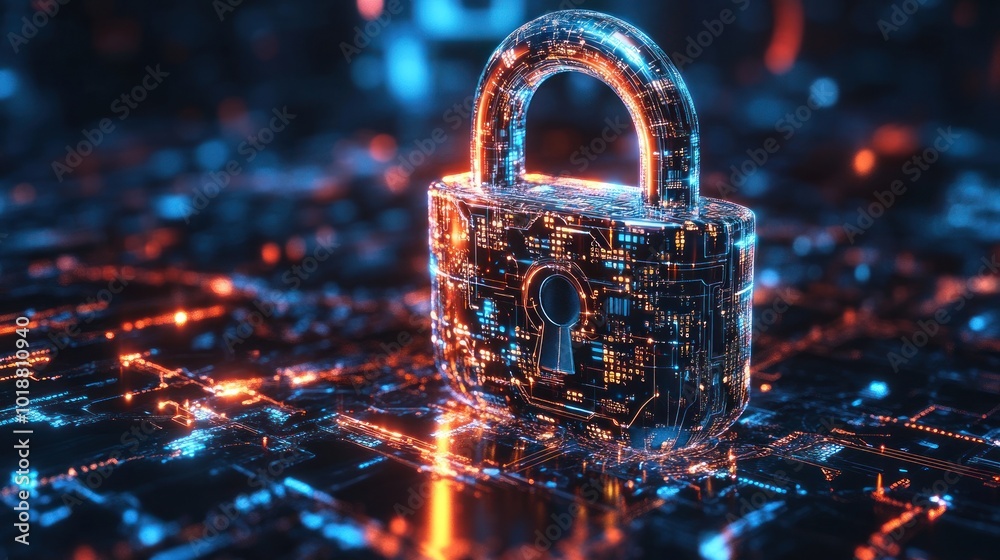 Poster a digital padlock with circuit patterns, symbolizing cybersecurity and data protection.