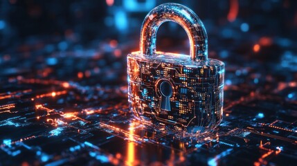 A digital padlock with circuit patterns, symbolizing cybersecurity and data protection.