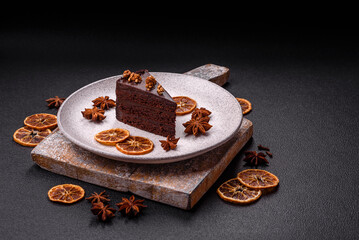 Piece of sweet chocolate cake with nuts