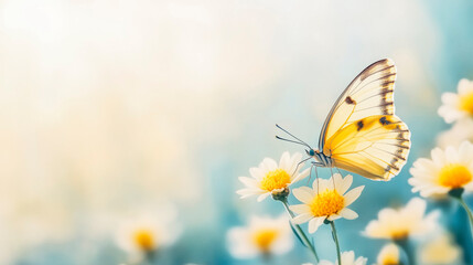 Obraz premium Yellow butterfly perched on daisies in tranquil garden setting