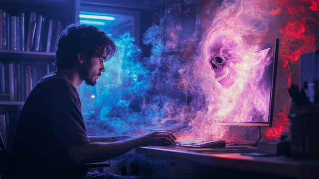 Cybersecurity threat concept with hacker confronted by digital skull in neon glow