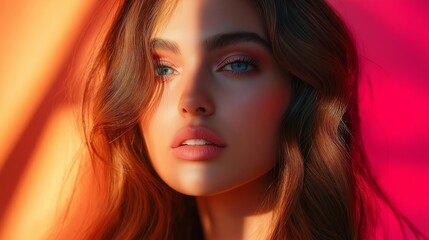 Fototapeta premium beautiful woman model with long luxurious hair, beautiful makeup against