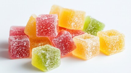 Close-up product shot of vibrant CBD gummies on a plain white background, offering a visual treat and health benefits in a small package.