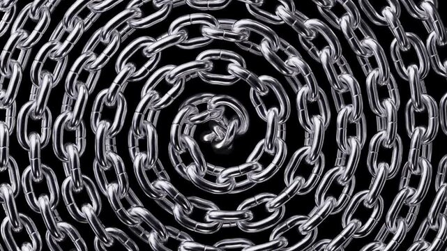 looped 3d animation of spiraling silver chain macro isolated on black background
