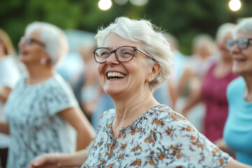 An elderly woman wearing glasses laughing with happiness at the senior party against blurred background.