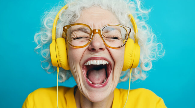 An elderly woman with yellow headphones enjoys listening to the music, laughing with happiness against blue background.