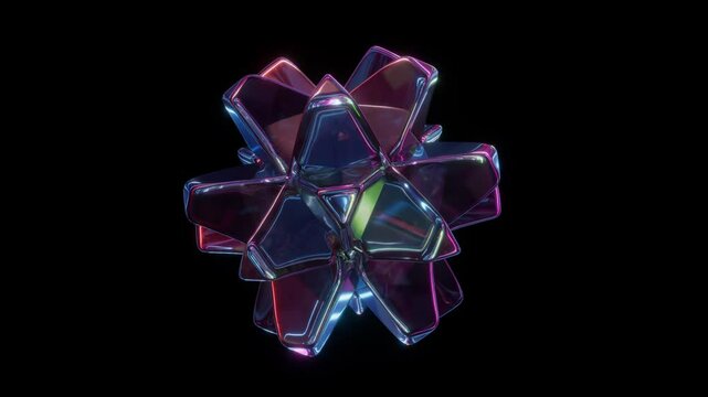 looped 3d animation. Surreal glass star, morphing iridescent crystal, reflecting neon light, smoothly transforming and changing shape. Fantastic geometric object isolated on black background