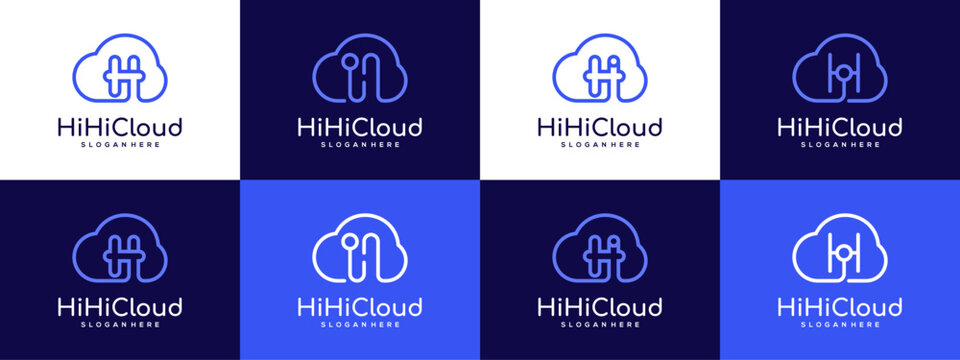 Collection of Letter H with Cloud Connection logo design graphic ideas. Minimalist outline vector illustration based icon template.