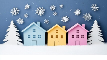 Naklejka premium Charming winter night with colorful houses under a starry sky, perfect for a festive Christmas card design